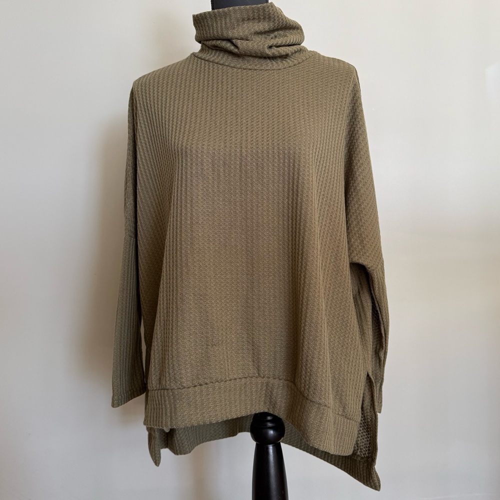 Asher Fashion High Low Tunic Turtle Neck Loose Fit Army Green Sweater